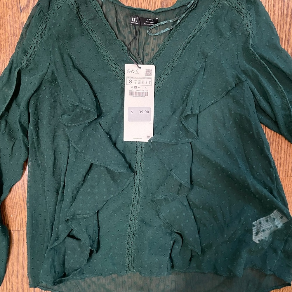 Zara Green see through with ruffles top never worn
